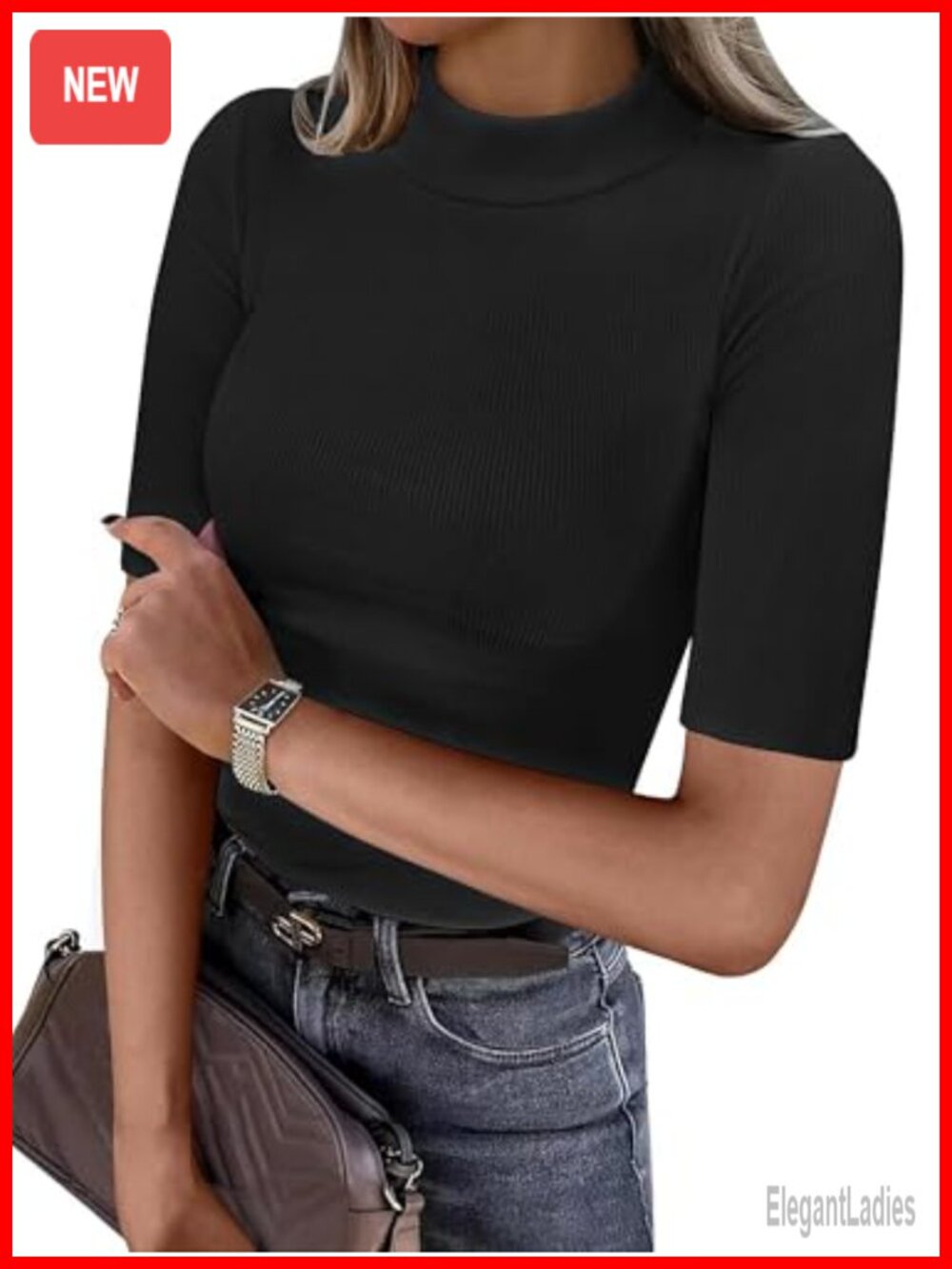 Ribbed Knit Mock Neck Half Sleeve Slim Fit Pullover Top